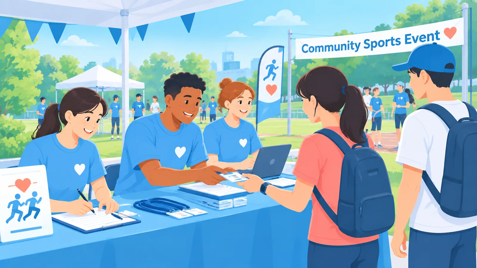 Volontari che si registrano a un evento sportivo comunitario