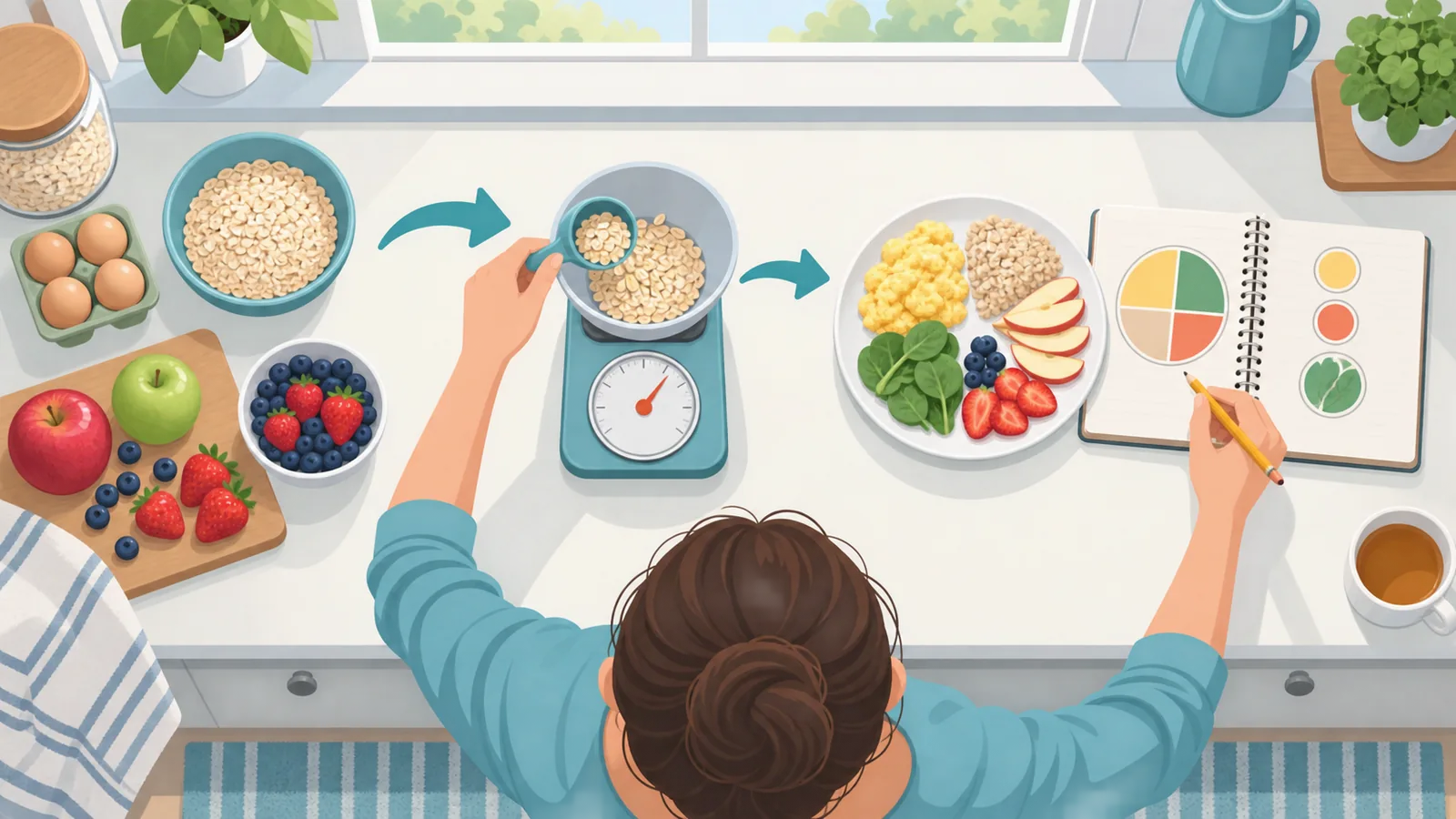Donna che calcola le porzioni dei pasti in cucina