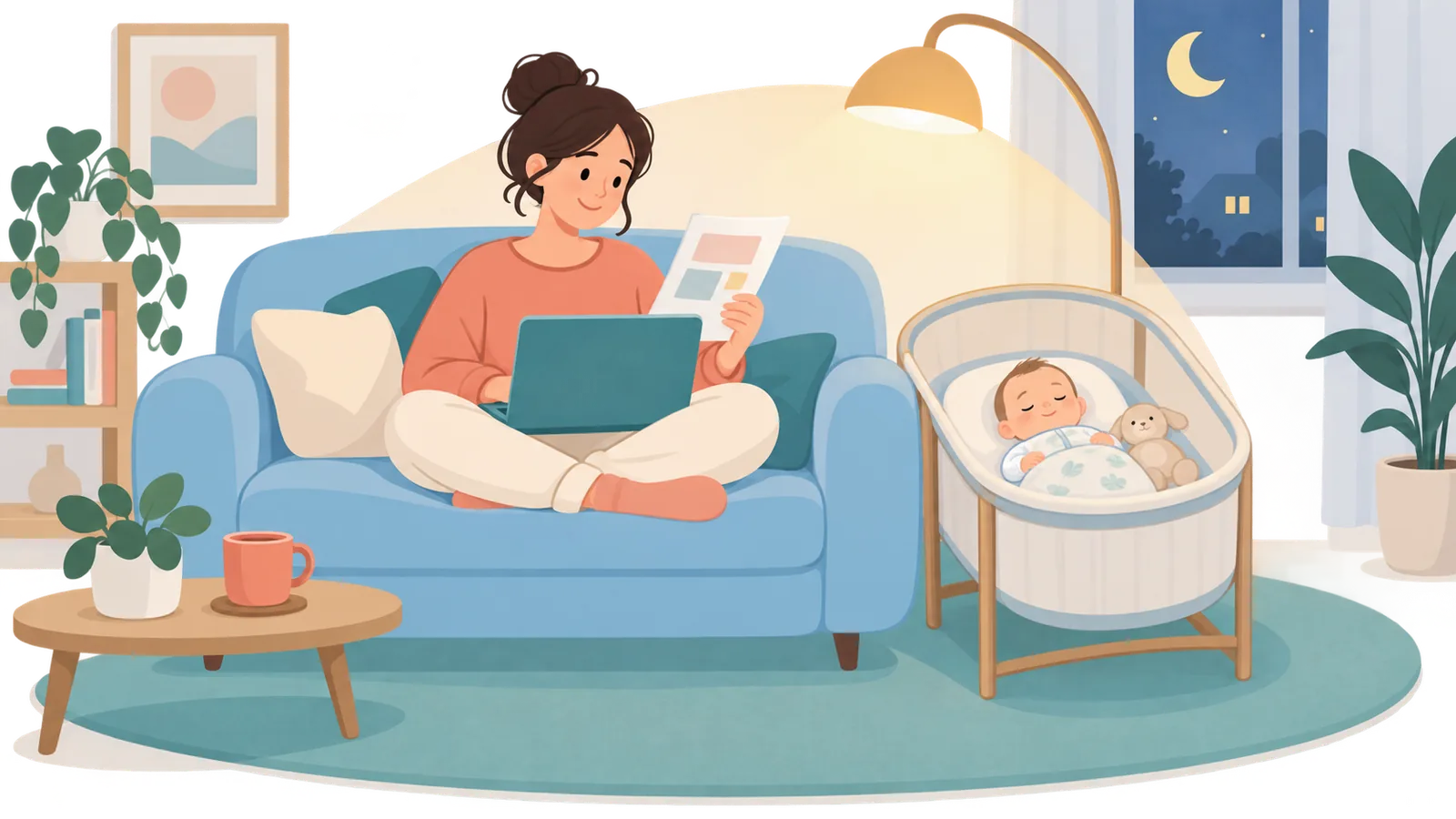Madre che legge informazioni sul divano mentre il bambino dorme