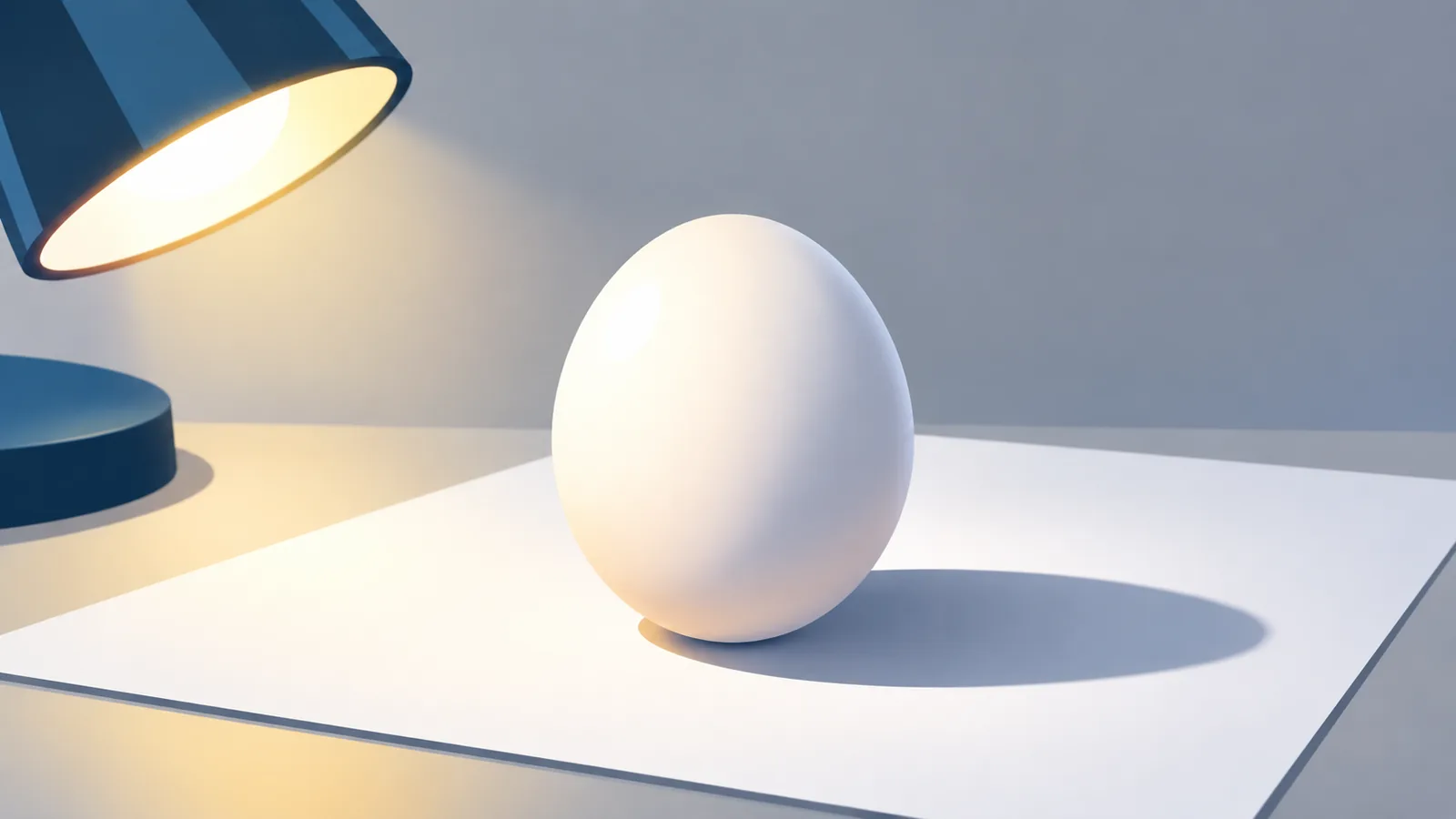 Uovo bianco illuminato da una sola lampada con luce, mezzatinta e ombra ben distinte