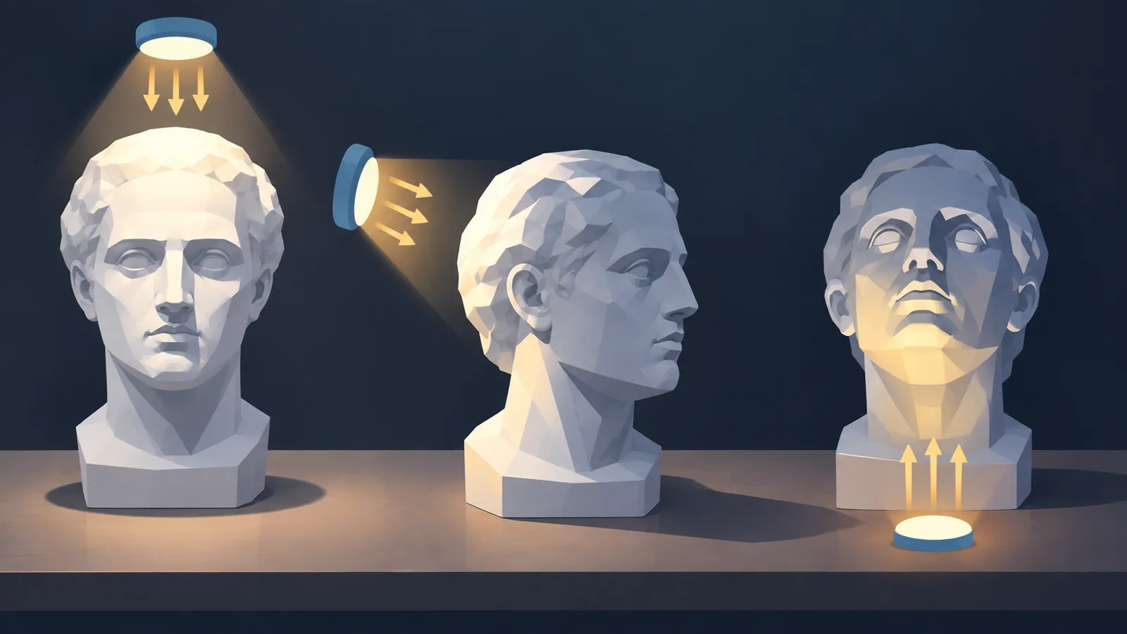 Tre calchi in gesso illuminati dall'alto, di lato e dal basso