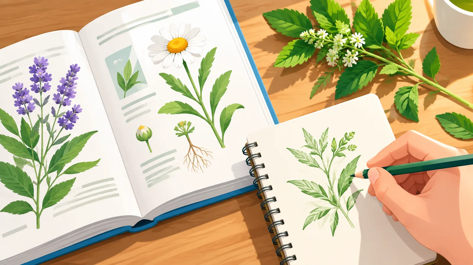 Libro di botanica e quaderno su una scrivania con rametti di piante fresche