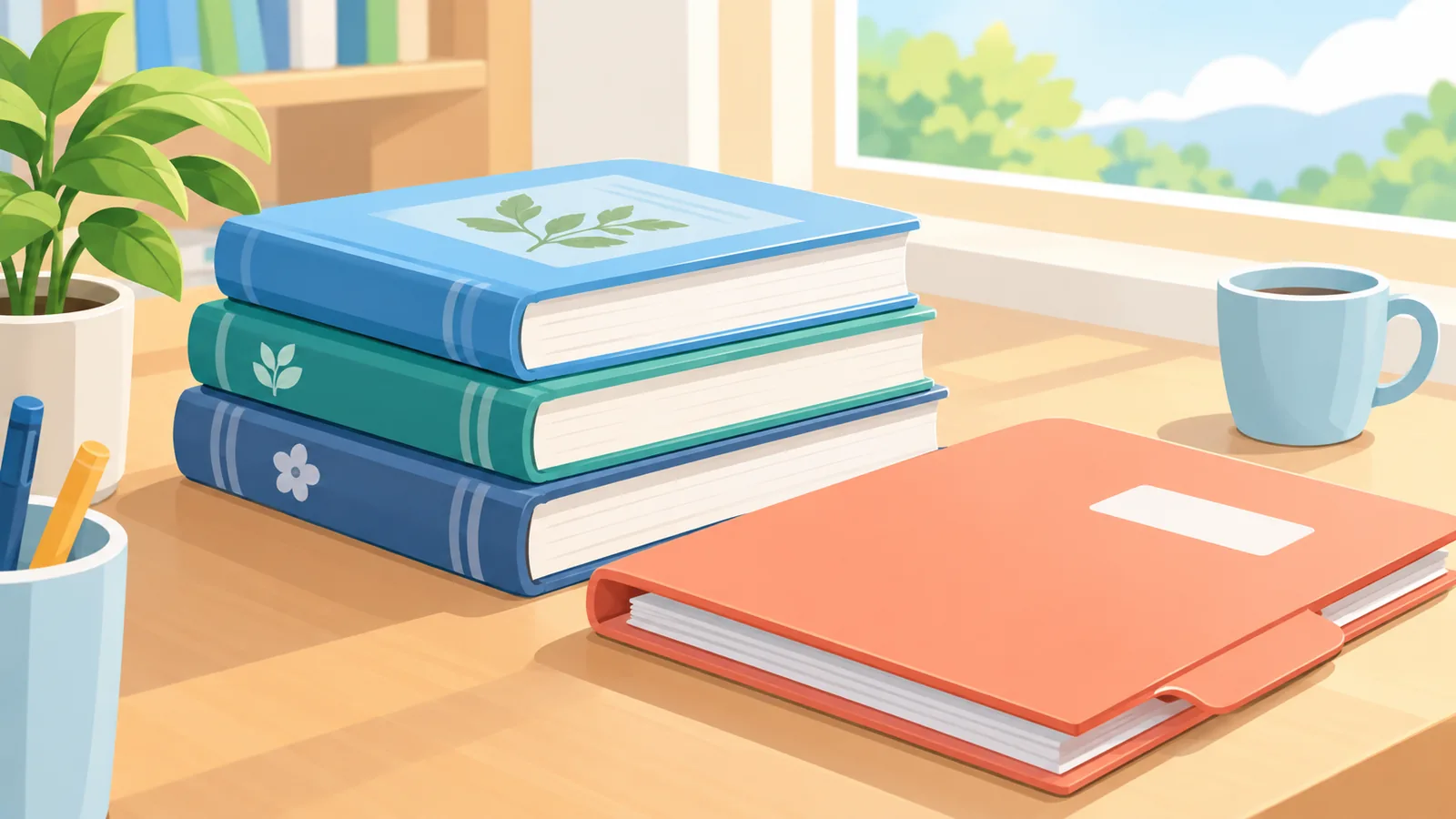 Pila di libri di riferimento su una scrivania ordinata vicino a una finestra