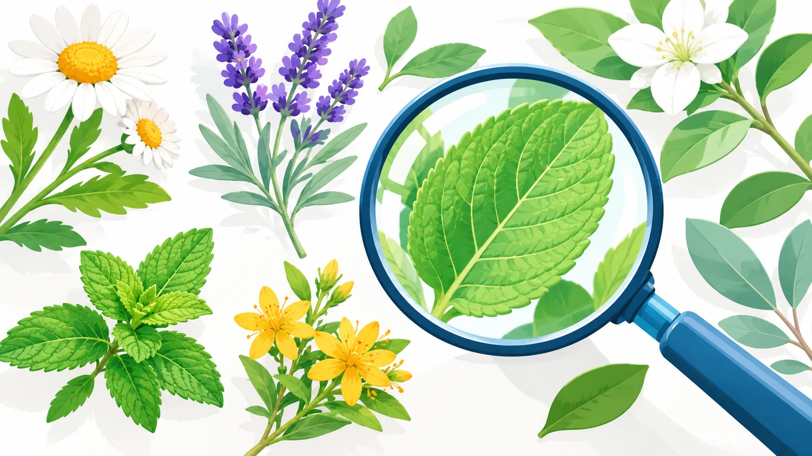 Foglie e fiori di specie diverse osservati con una lente d'ingrandimento