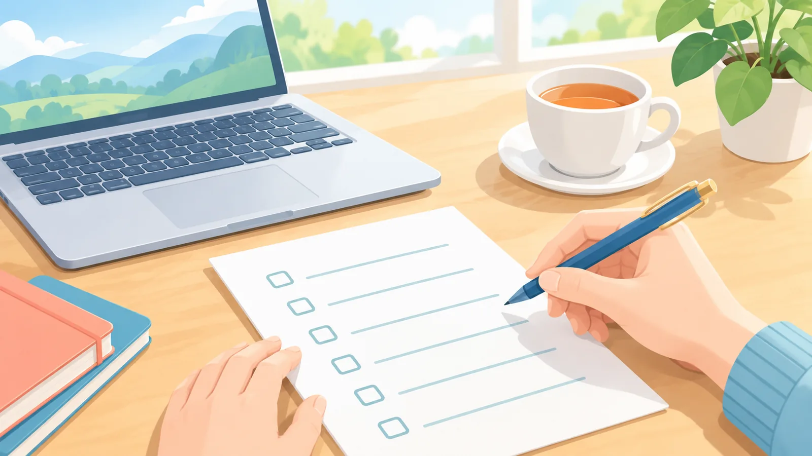 Mani con una penna su una checklist accanto a un computer portatile