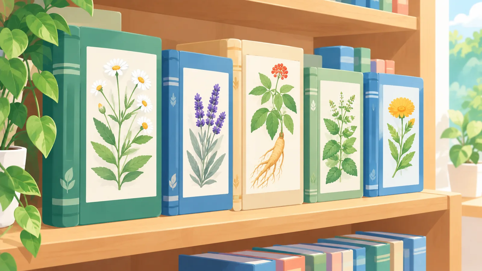 Scaffale di legno con manuali di botanica e atlanti illustrati