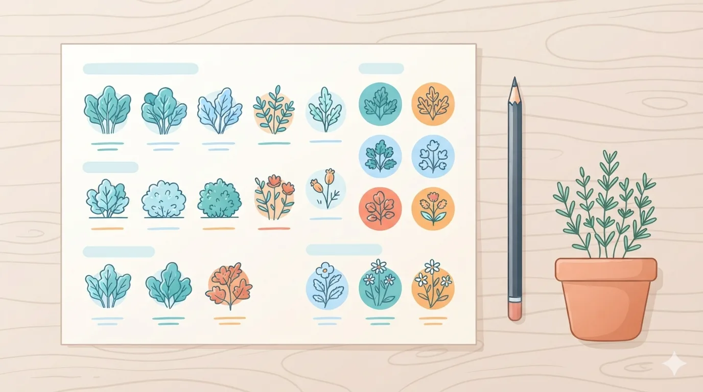 Pianificatore con disegni di piante accanto a una matita e a un'erba aromatica in vaso
