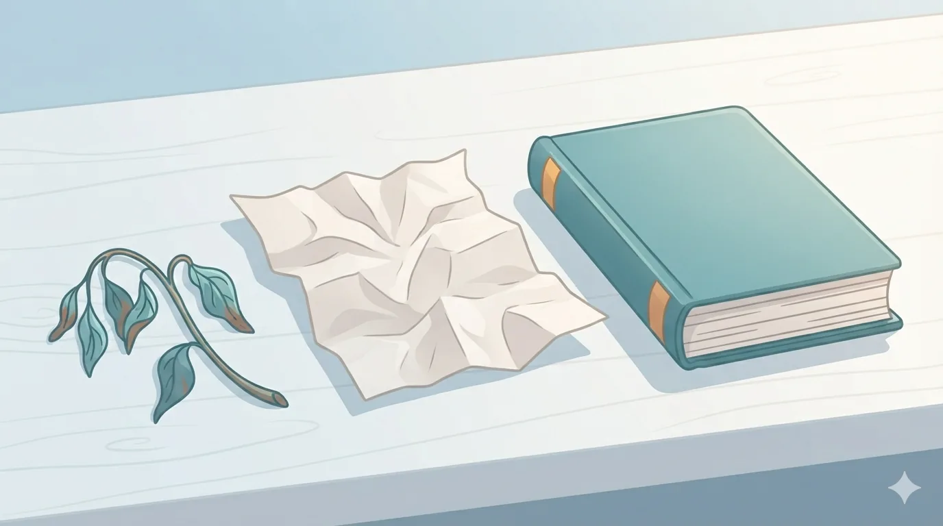 Rametto appassito accanto a un foglio accartocciato e a un libro chiuso