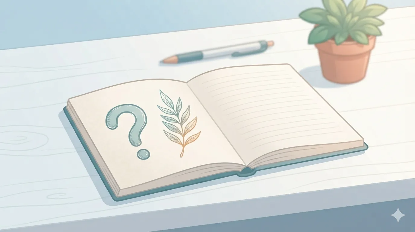 Quaderno aperto con un punto interrogativo accanto al disegno di una foglia