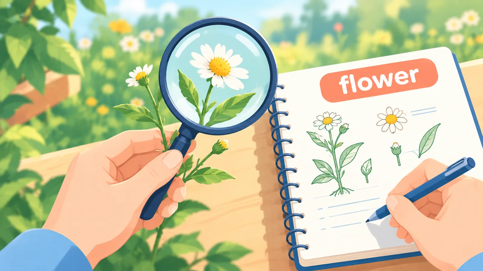 Mani che osservano un fiore con la lente e annotano appunti