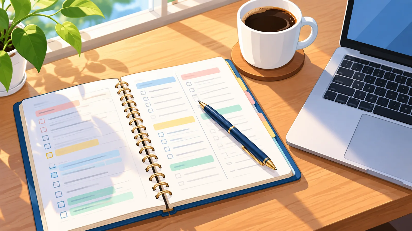 Scrivania ordinata con agenda di studio, penna e computer portatile