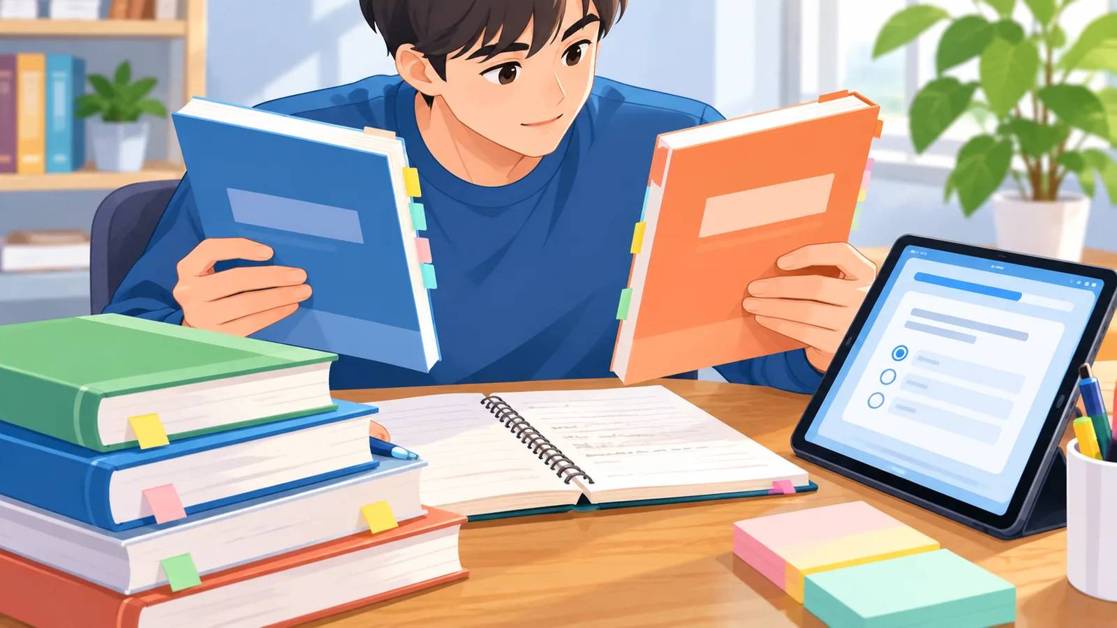 Confronto tra manuali e app di quiz su un tavolo di studio