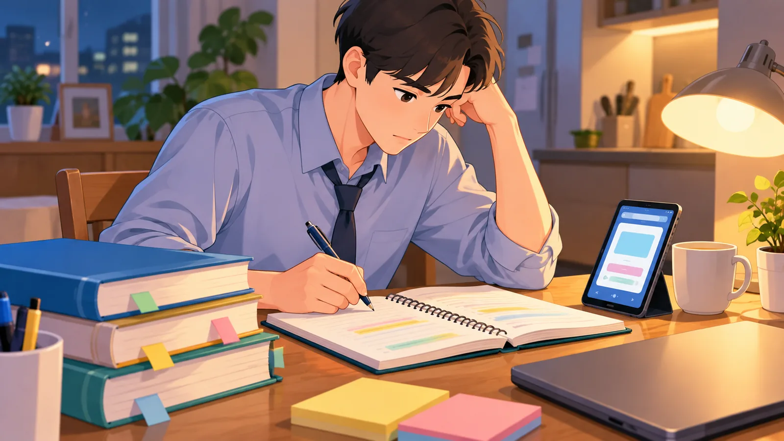 Lavoratore che studia la sera al tavolo della cucina