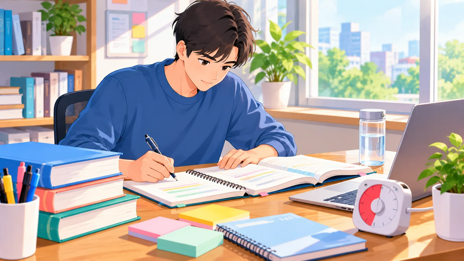 Studente a tempo pieno alla scrivania con quaderni e timer