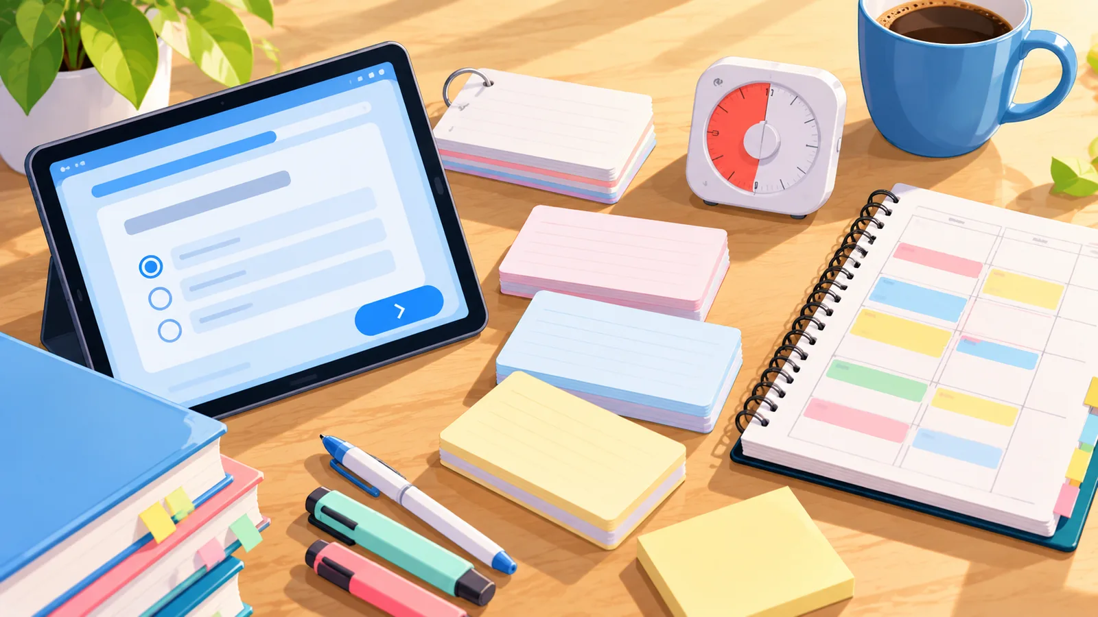 Strumenti di studio: tablet con quiz, flashcard, planner e timer