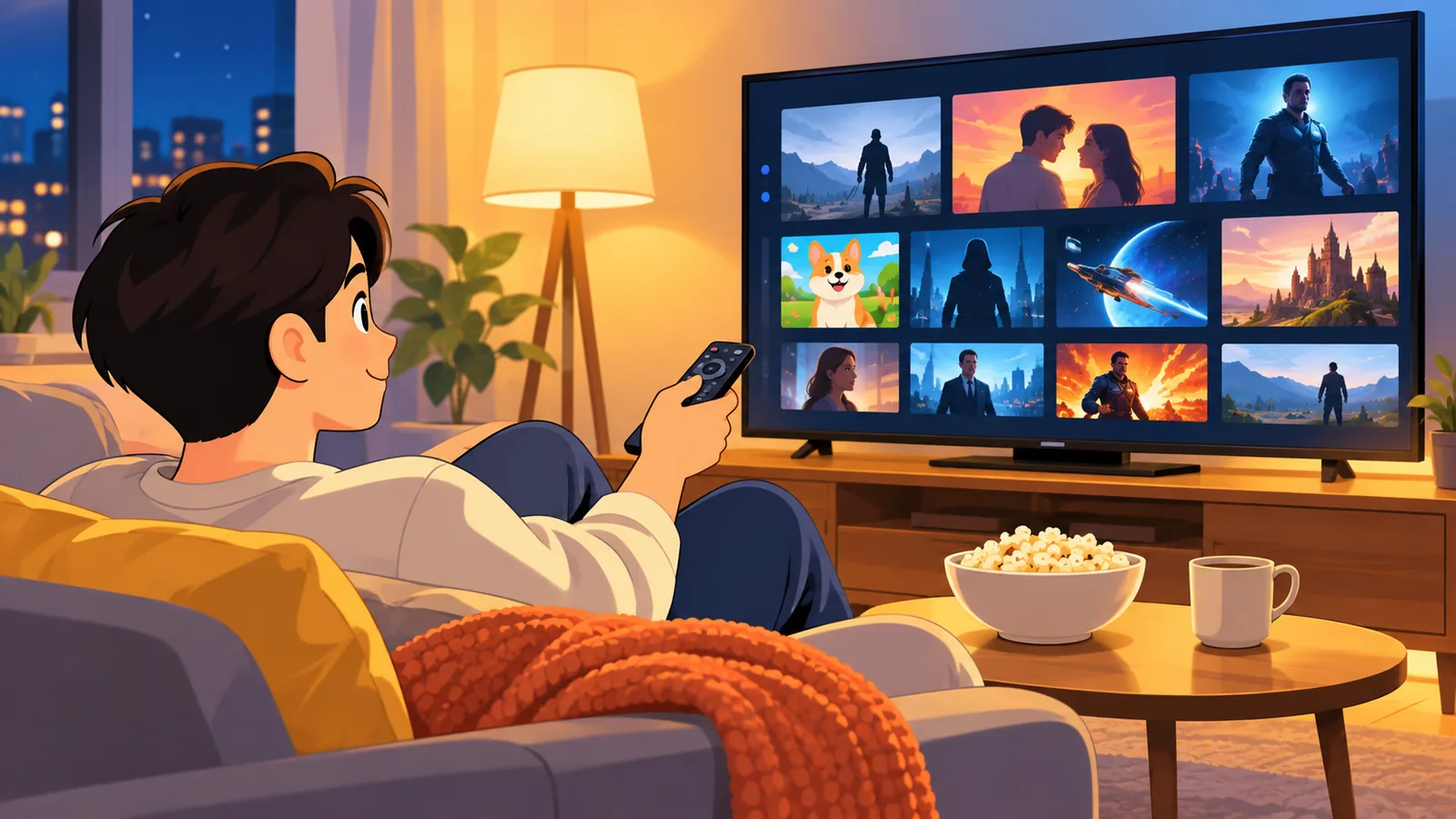 Persona sul divano che sceglie un film sul televisore