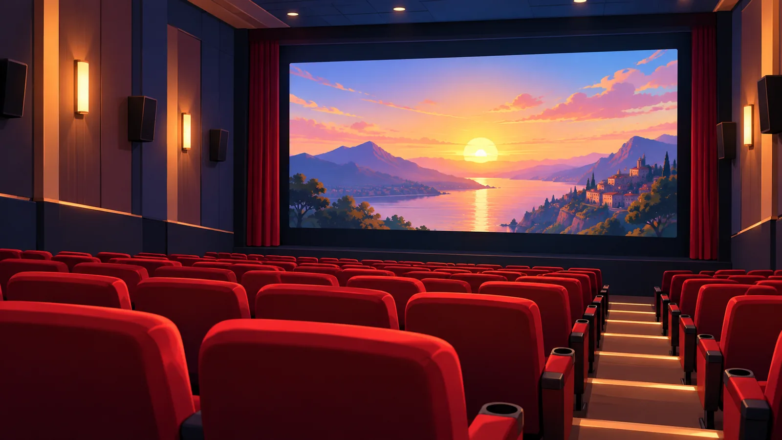 Sala cinema intima con schermo acceso e luci soffuse