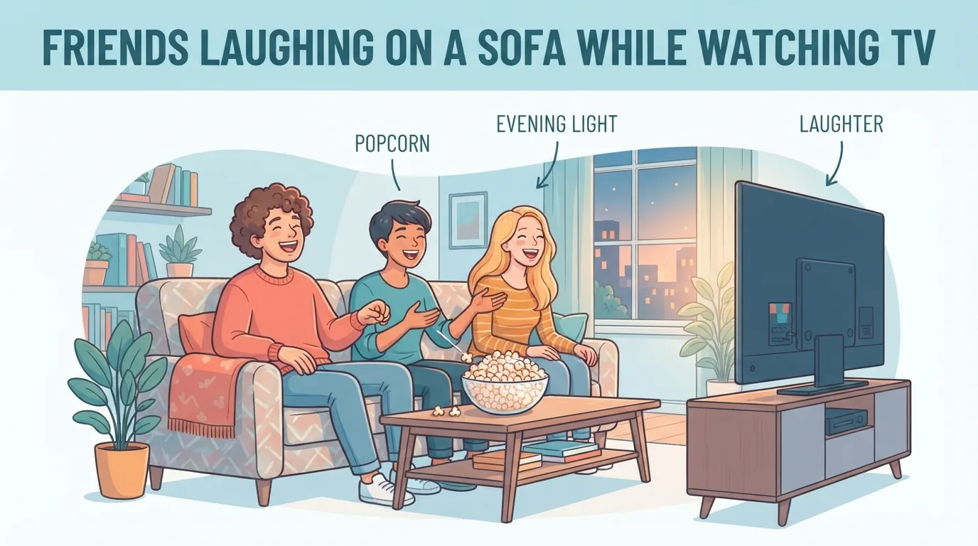 Amici che ridono davanti alla televisione con popcorn