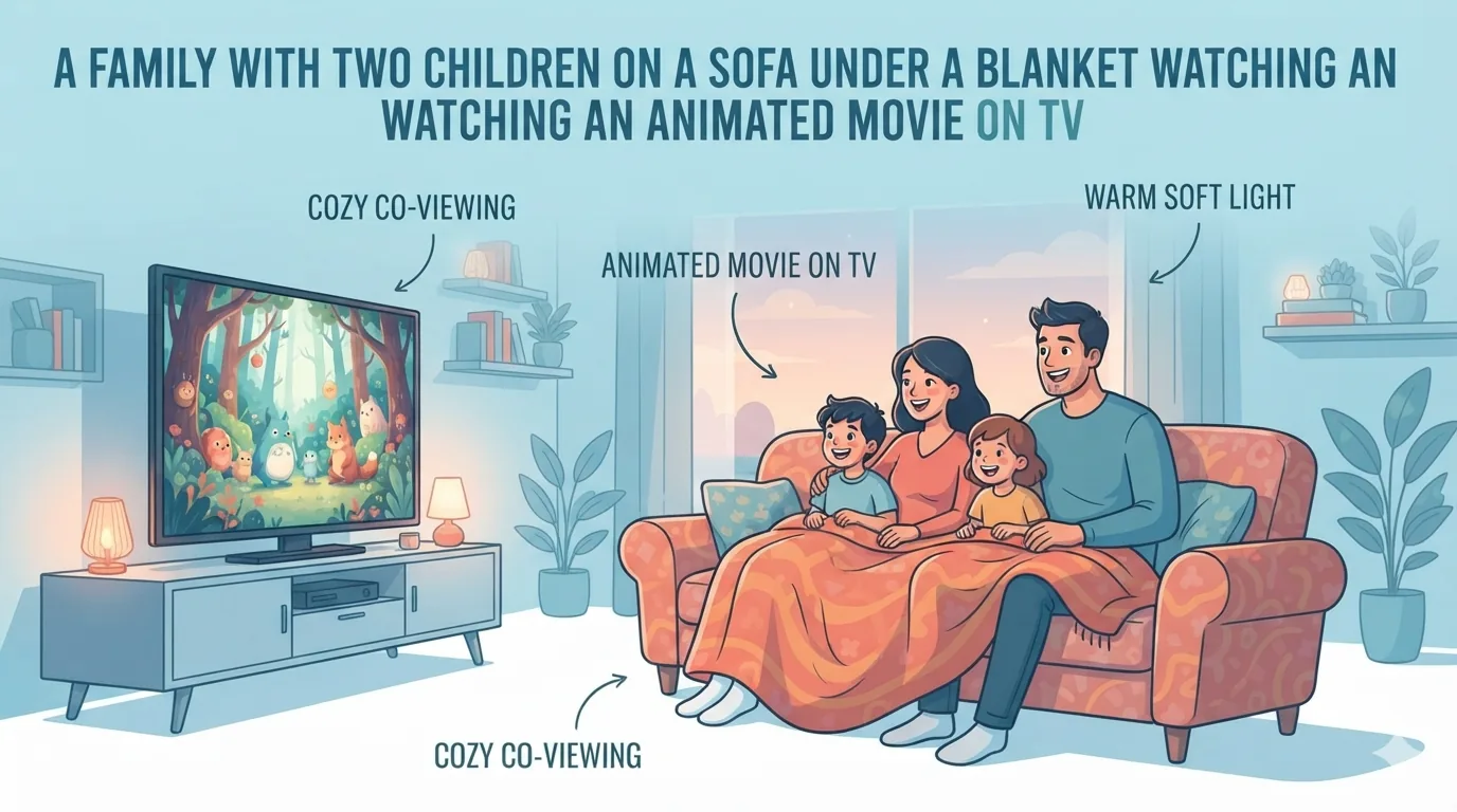 Famiglia sul divano davanti a un film animato
