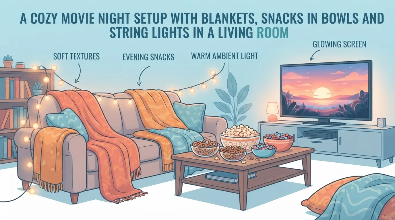 Serata film con coperte, snack e luci soffuse