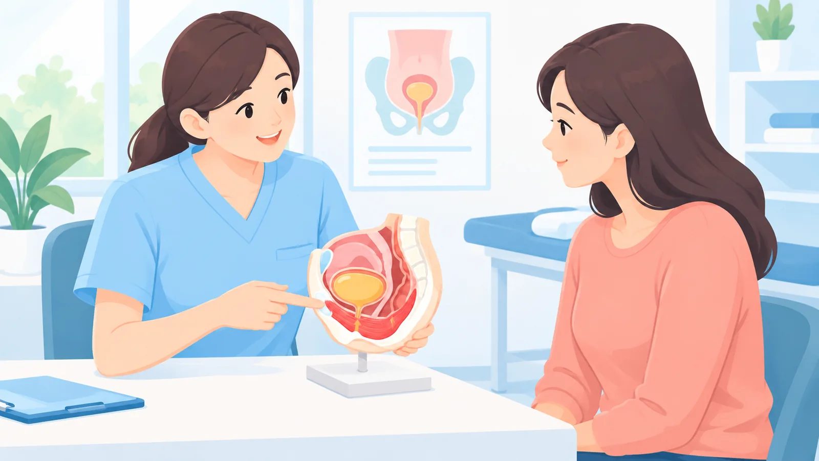 Fisioterapista che spiega a un paziente il funzionamento del pavimento pelvico