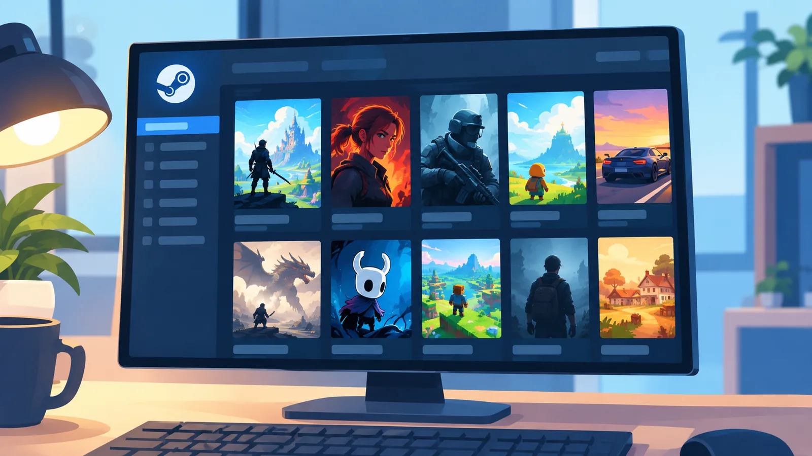 Schermata della libreria Steam condivisa su un computer