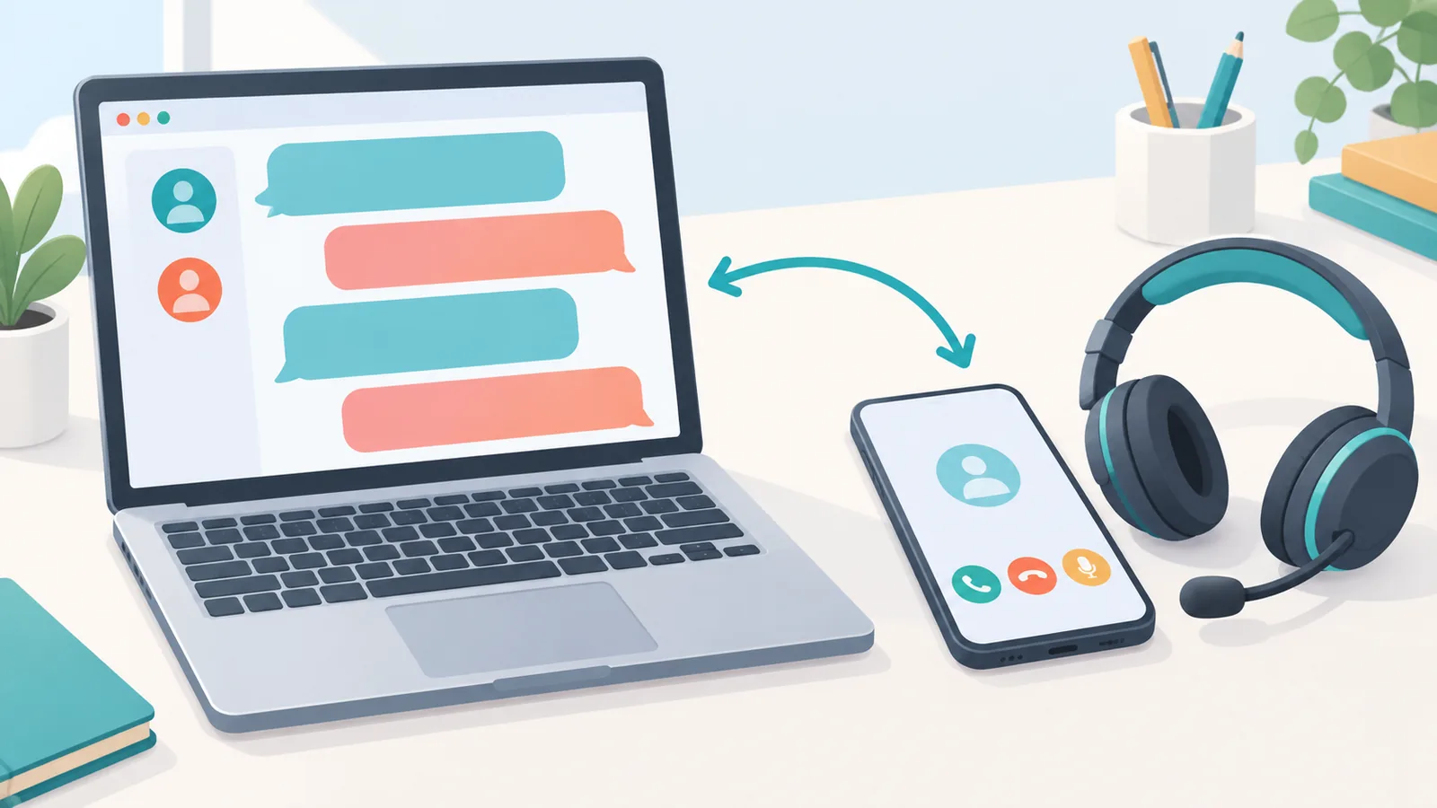 Chat sul computer e telefono con cuffie appoggiati su una scrivania