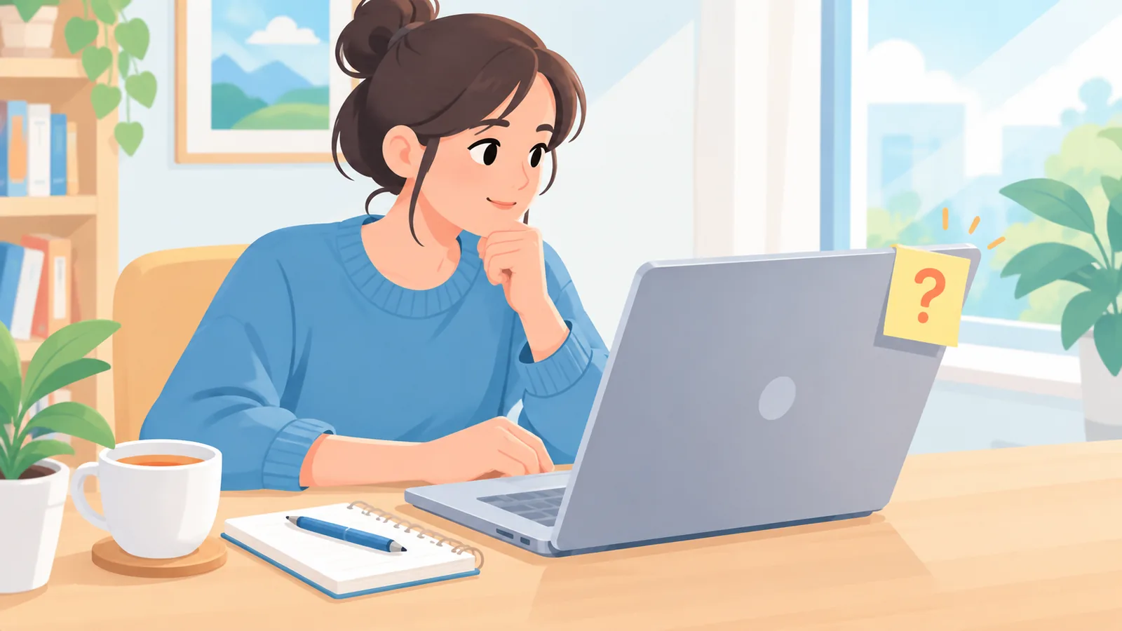 Persona che legge le risposte alle domande frequenti al computer