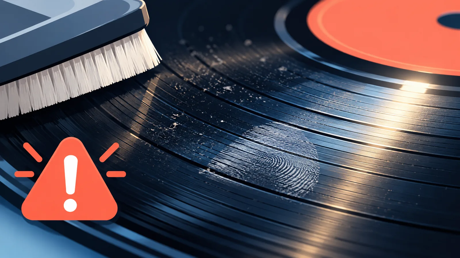 Primo piano dei solchi di un disco in vinile con granelli di polvere visibili