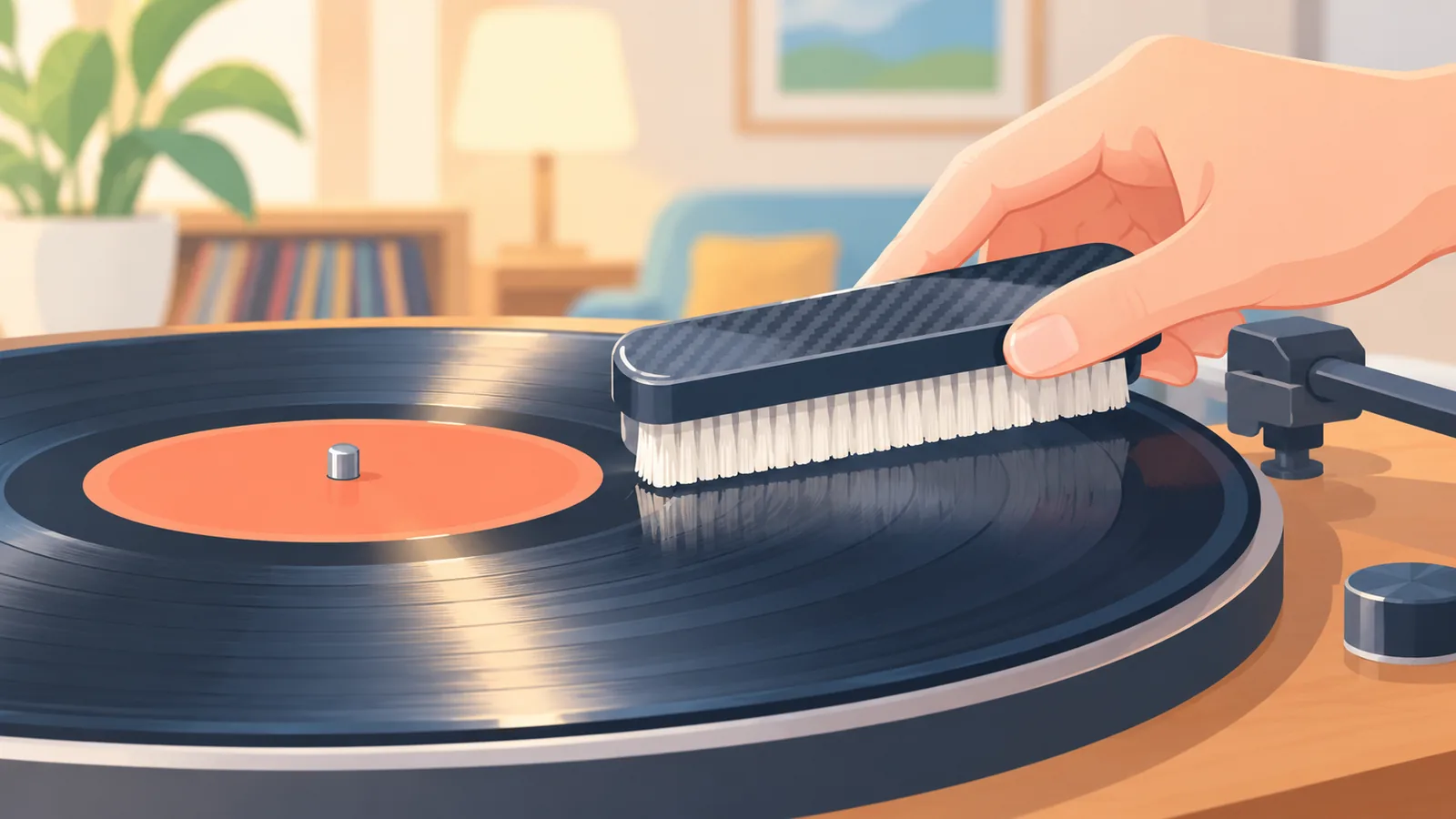 Spazzola in fibra di carbonio che pulisce un disco in vinile sul piatto