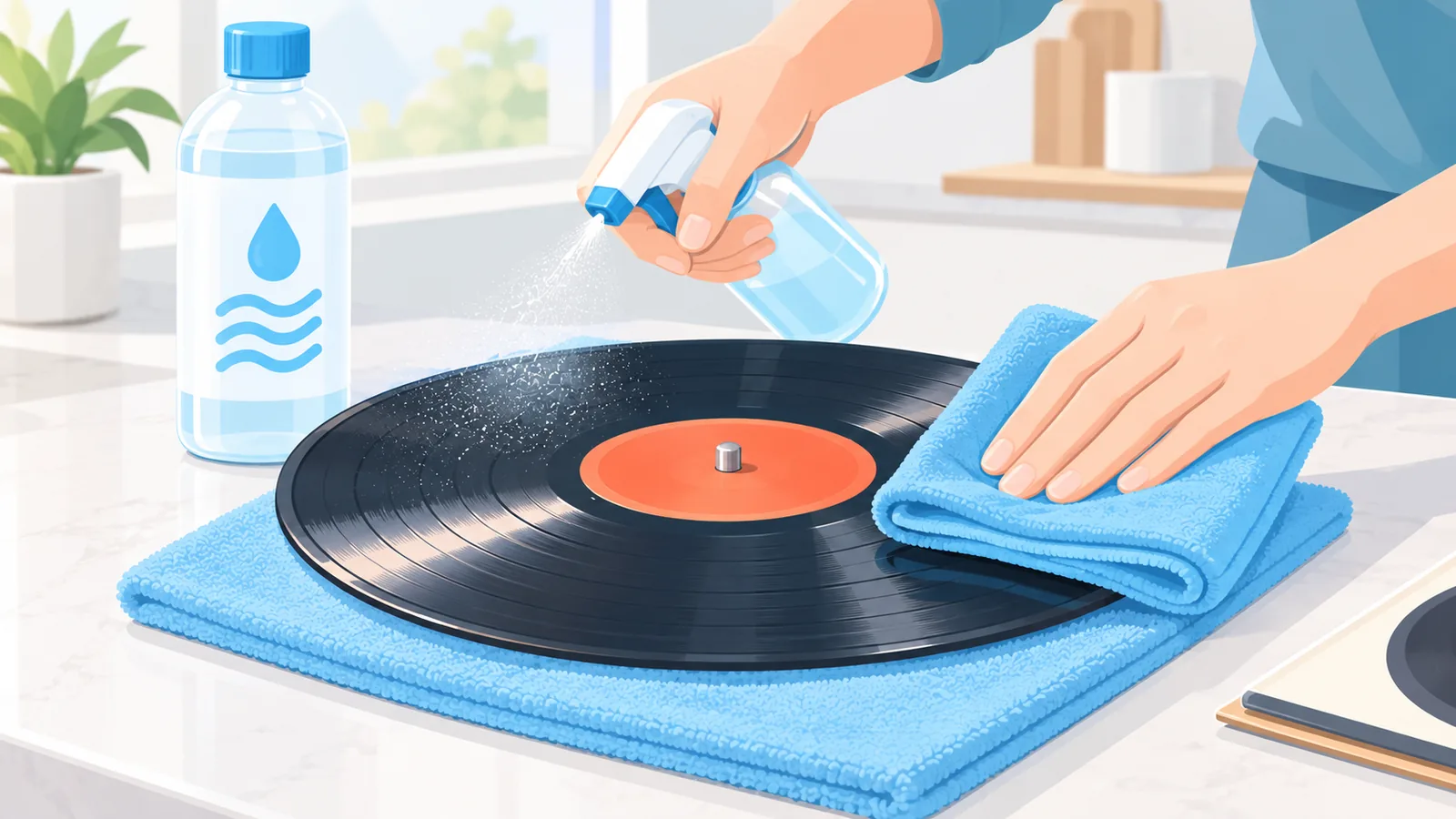 Lavaggio manuale di un disco in vinile con panno in microfibra e soluzione dedicata