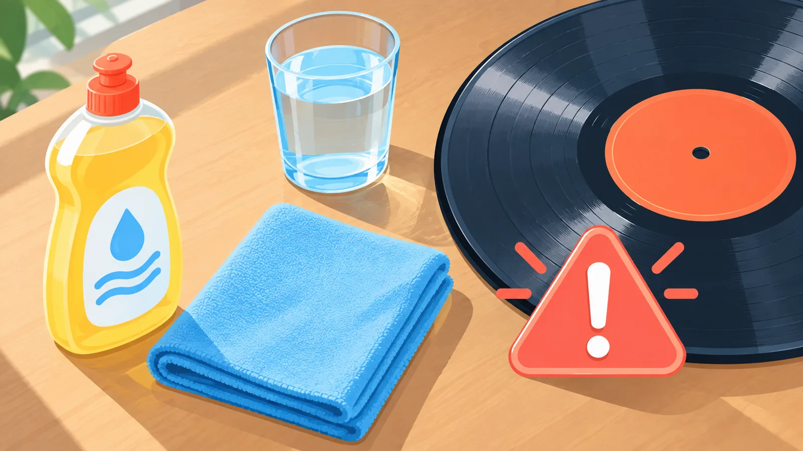 Oggetti di uso domestico sul tavolo accanto a un disco in vinile