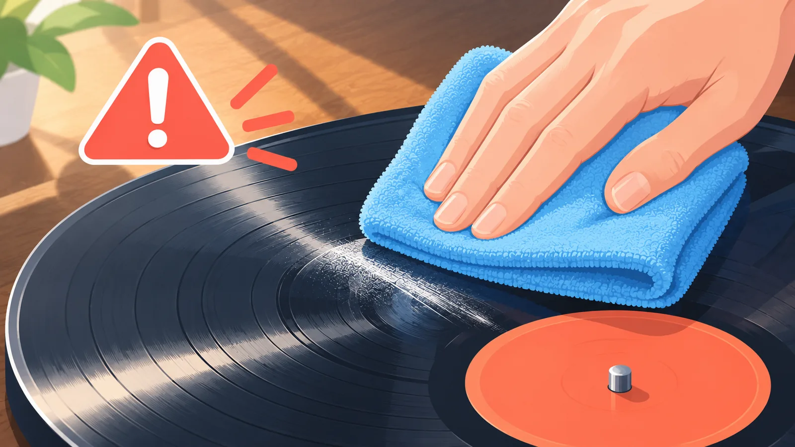 Mano che preme con troppa forza un panno su un disco in vinile