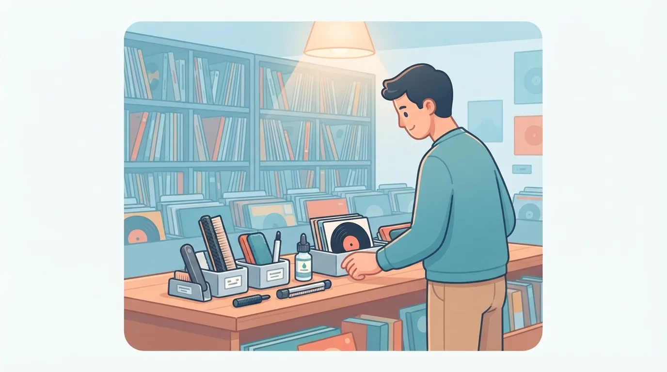Scelta dei prodotti per la cura dei dischi in vinile in un negozio di dischi