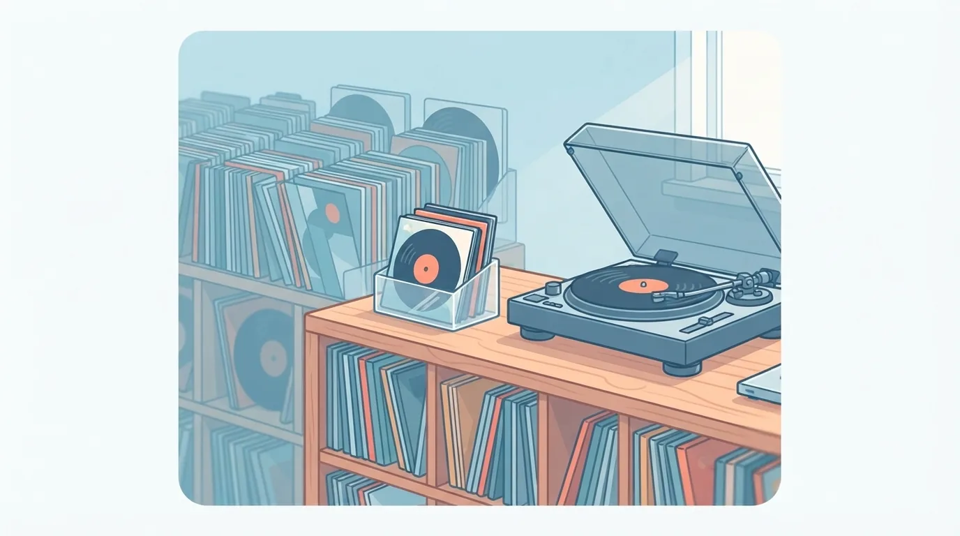 Collezione di dischi in vinile ordinata su uno scaffale accanto al giradischi