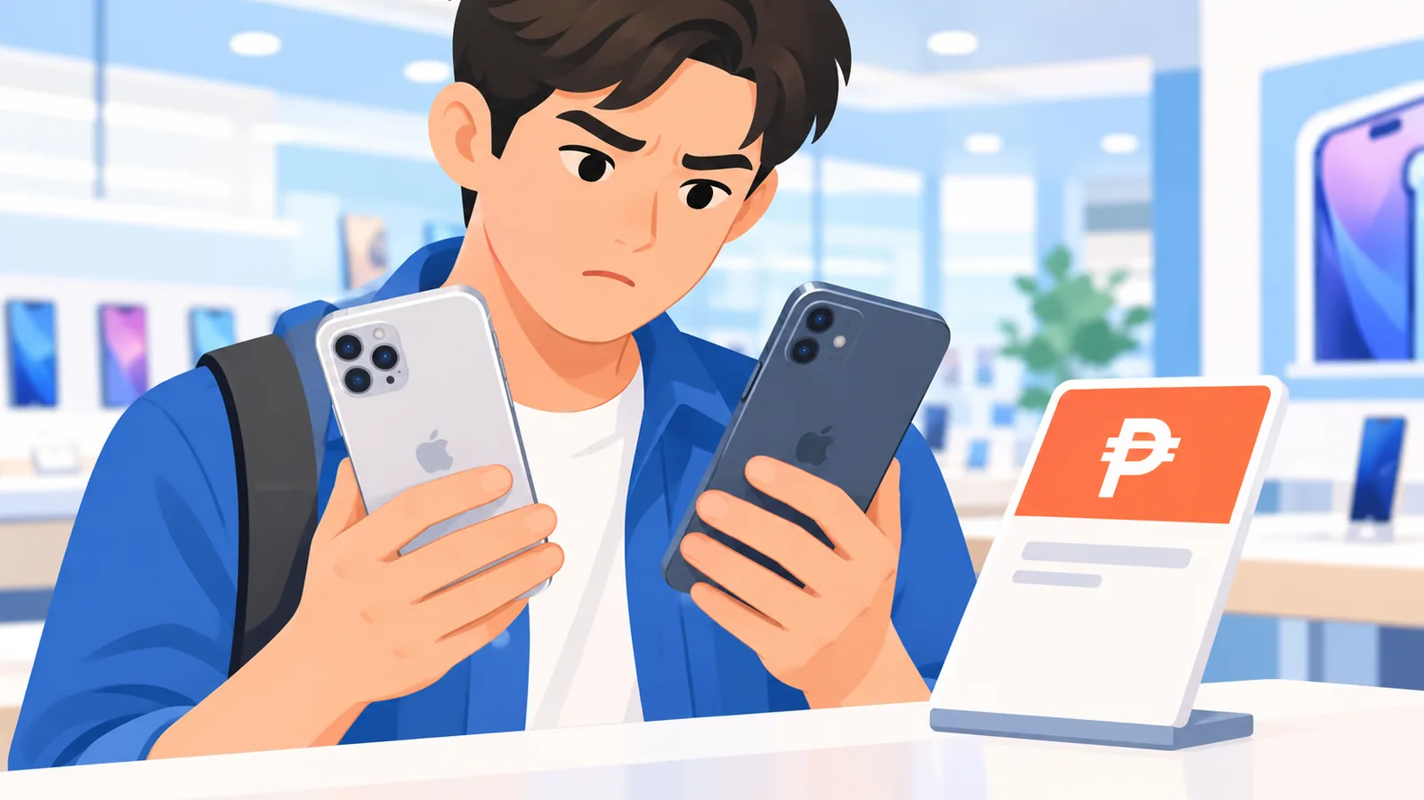 Persona che confronta le offerte iPhone in un negozio di elettronica