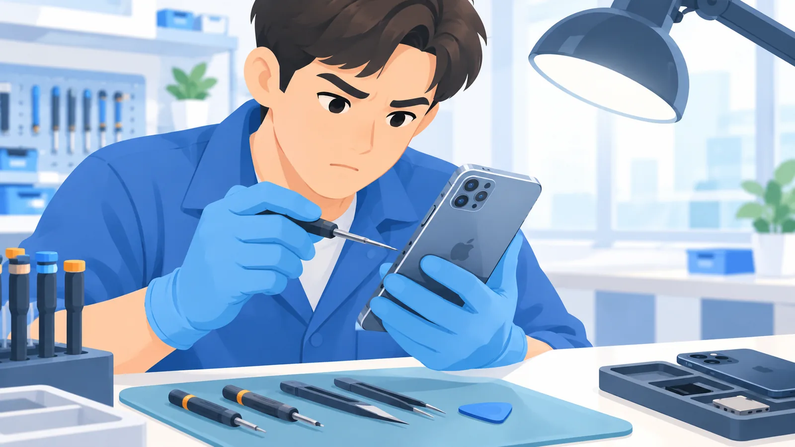Tecnico che controlla un iPhone ricondizionato in laboratorio