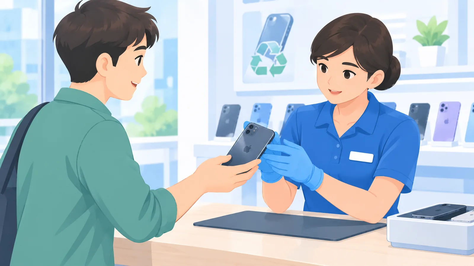 Consegna del vecchio iPhone per la permuta al banco di un negozio