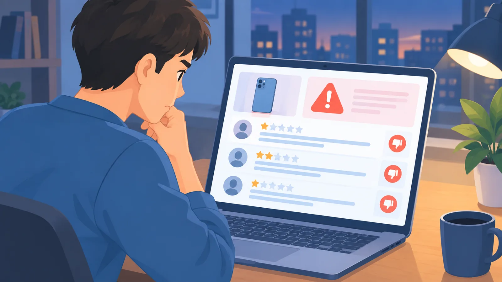 Persona che controlla con attenzione le recensioni di un venditore online