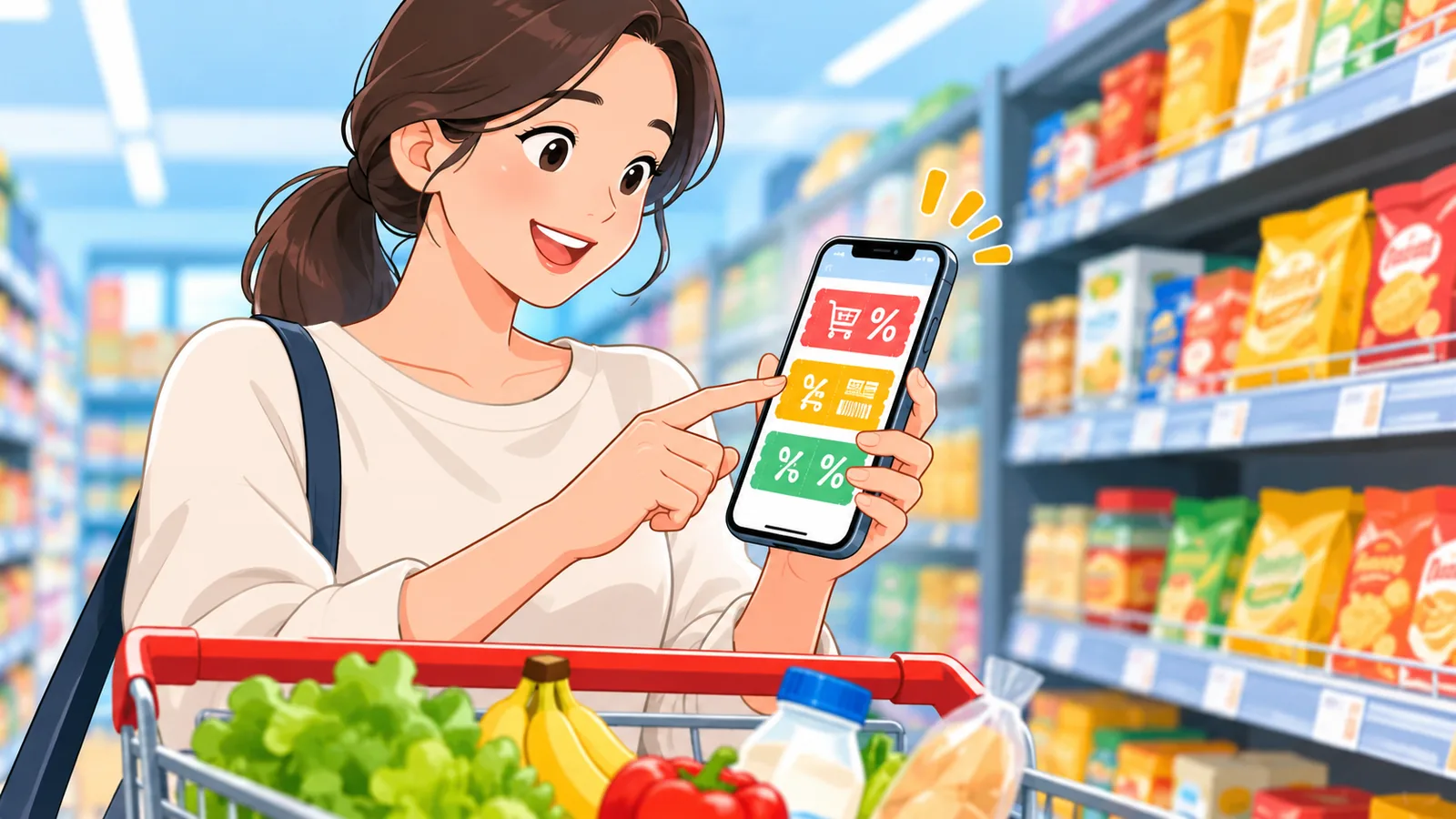 Persona che confronta coupon digitali su smartphone mentre fa la spesa