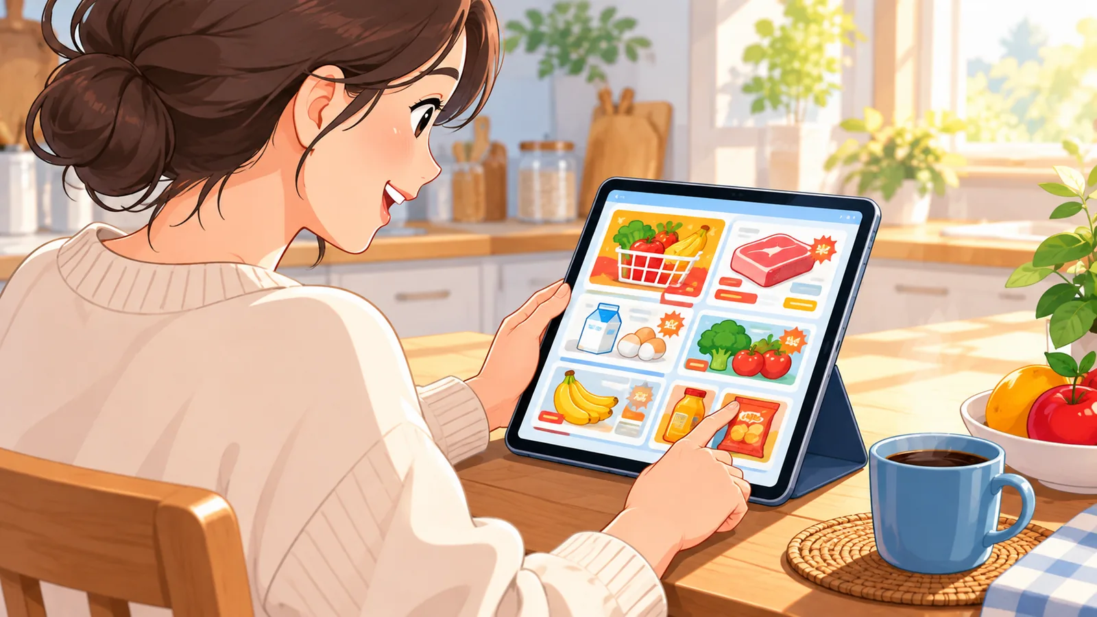 Persona che sfoglia un volantino digitale su tablet in cucina