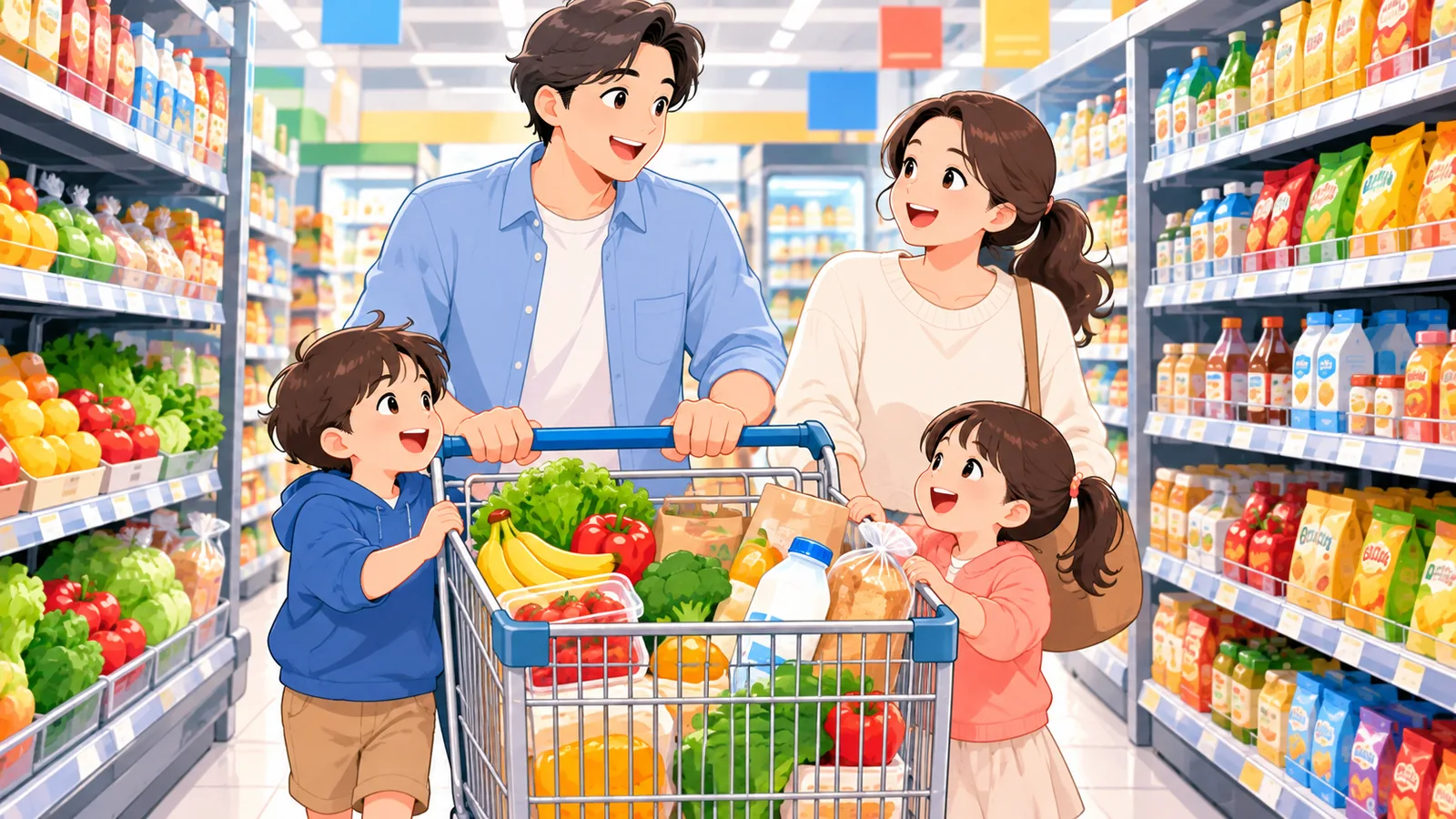 Famiglia che fa la spesa insieme al supermercato