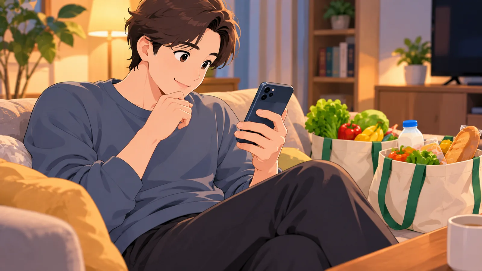 Persona che legge domande frequenti su smartphone dopo la spesa