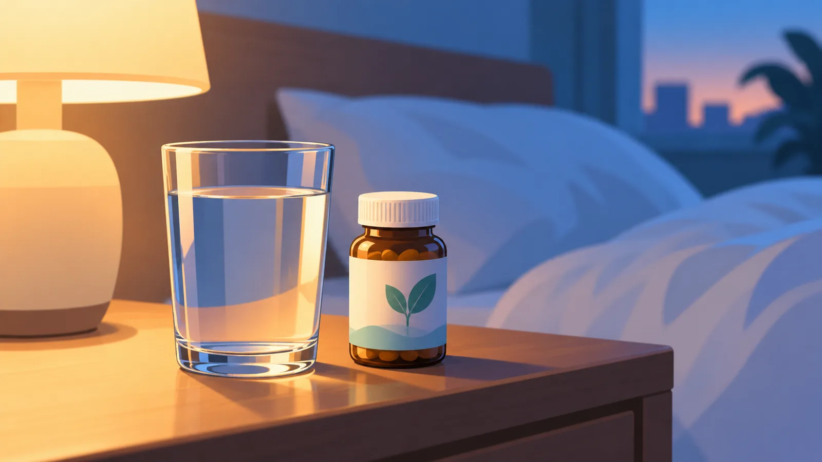 Comodino in camera da letto al tramonto con un bicchiere d'acqua e un flacone di integratore