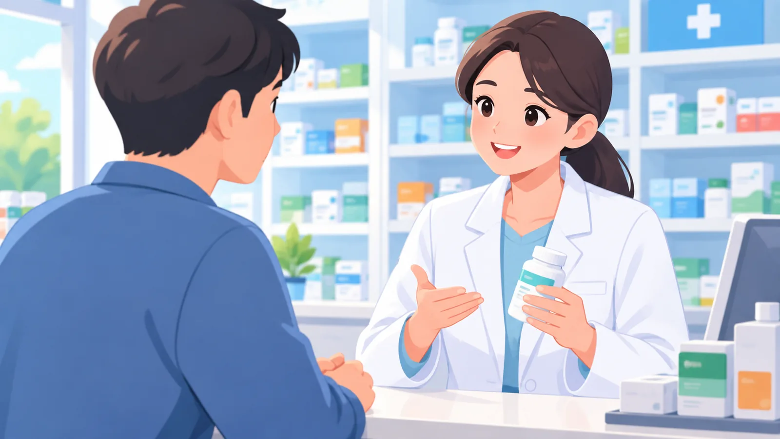 Farmacista che consiglia una cliente al banco della farmacia