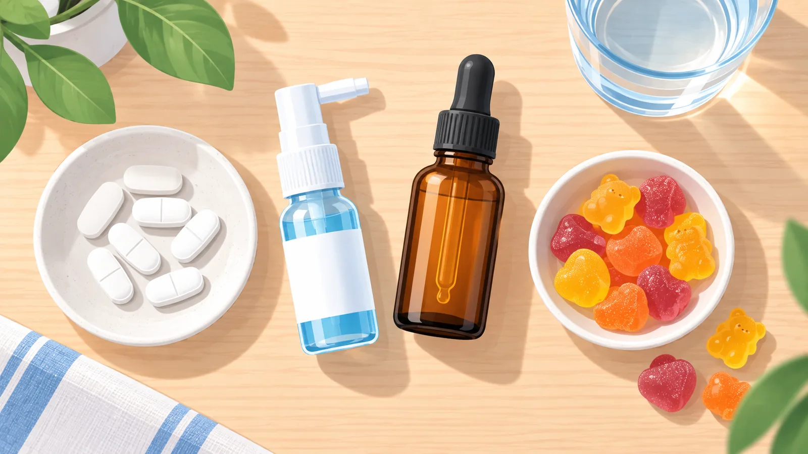 Compresse, spray, gocce e gummies disposti su un tavolo di legno chiaro