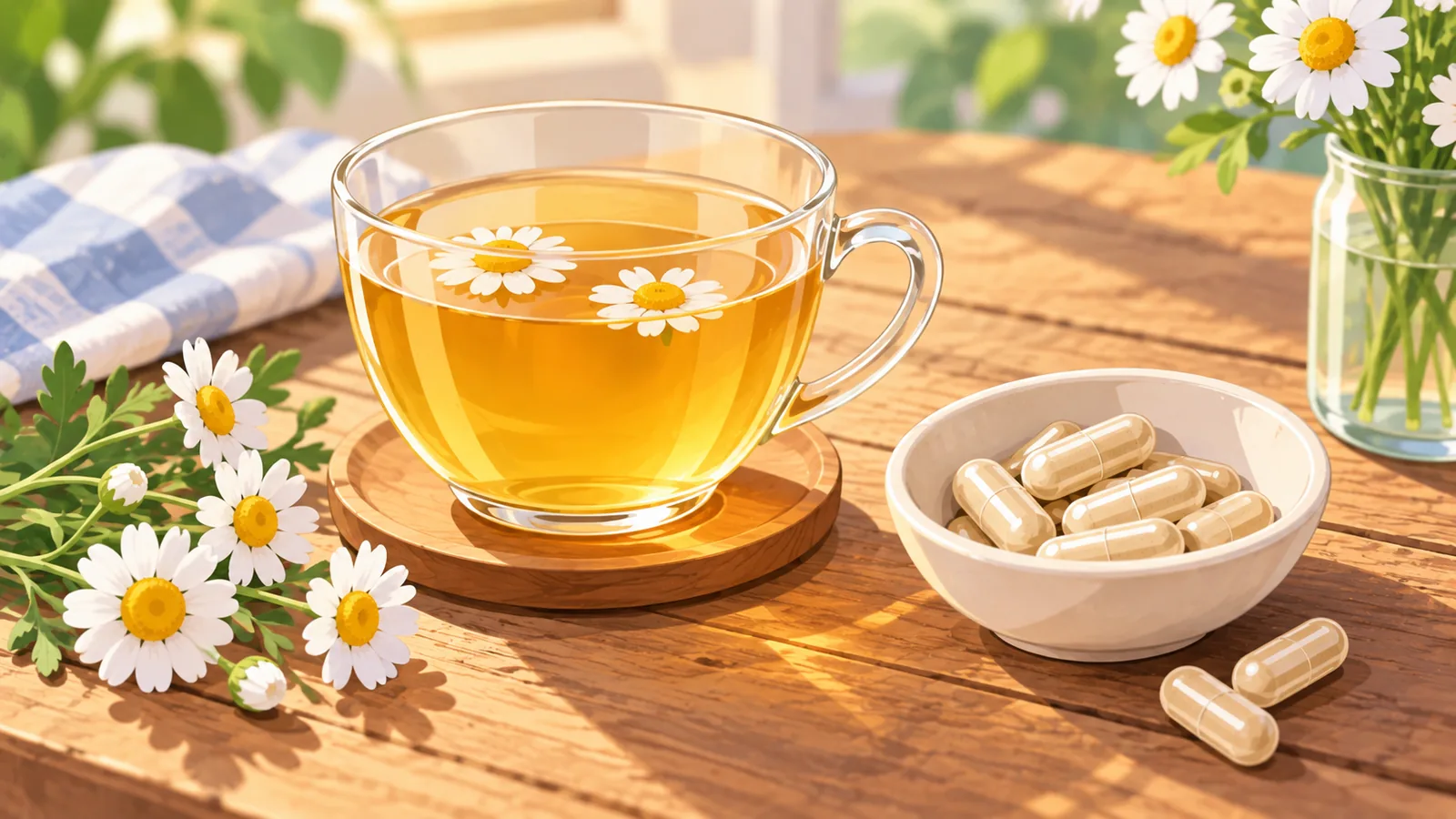 Tazza di tisana, fiori di camomilla e capsule su un tavolo rustico