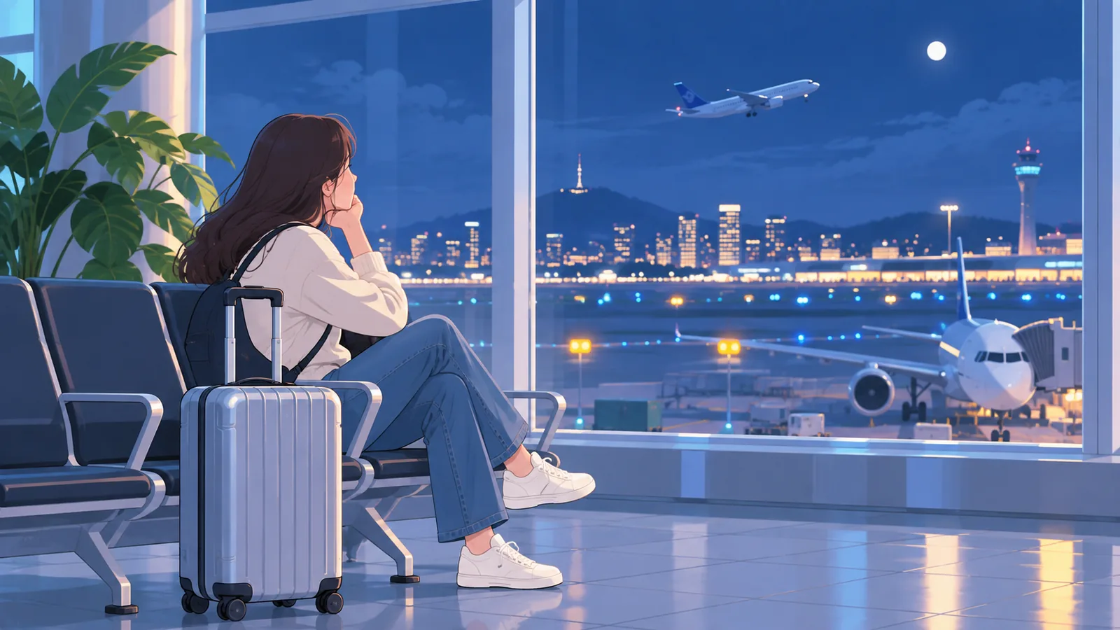 Viaggiatore con valigia seduto vicino a una finestra dell'aeroporto di notte