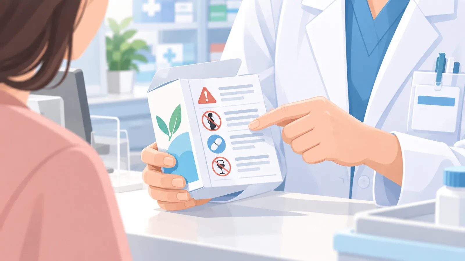 Mani del farmacista che indicano le avvertenze sul foglietto illustrativo