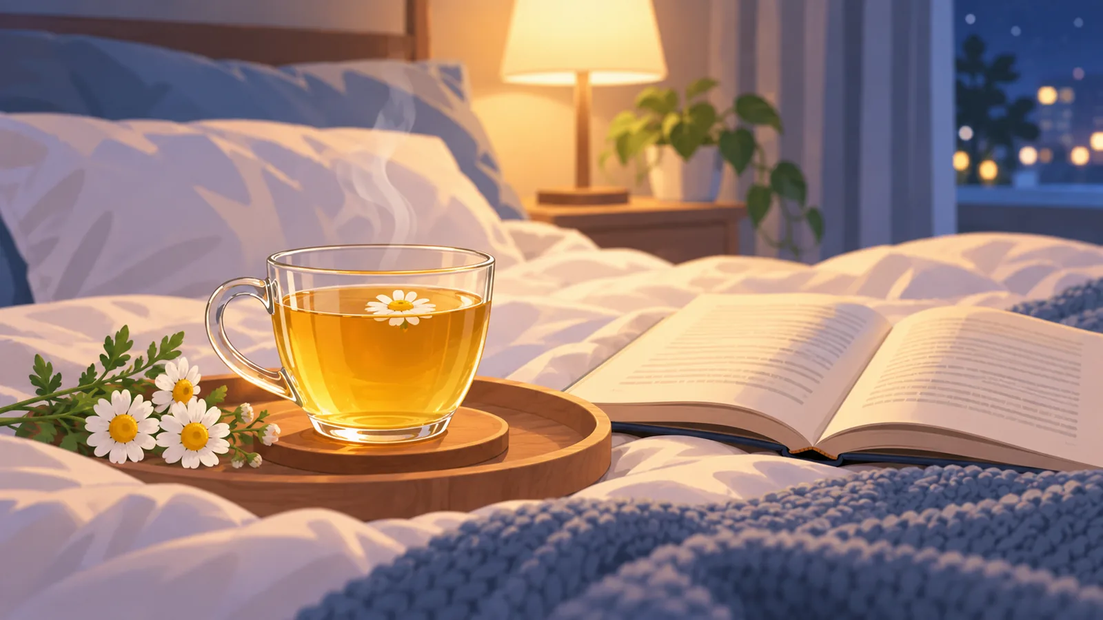 Routine serale rilassante con tisana e libro aperto sul letto